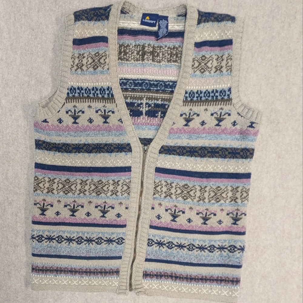 Vintage Lizaport Knit Sweater Zip Vest Wool Blend Gorgeous Pattern Winter Fall L